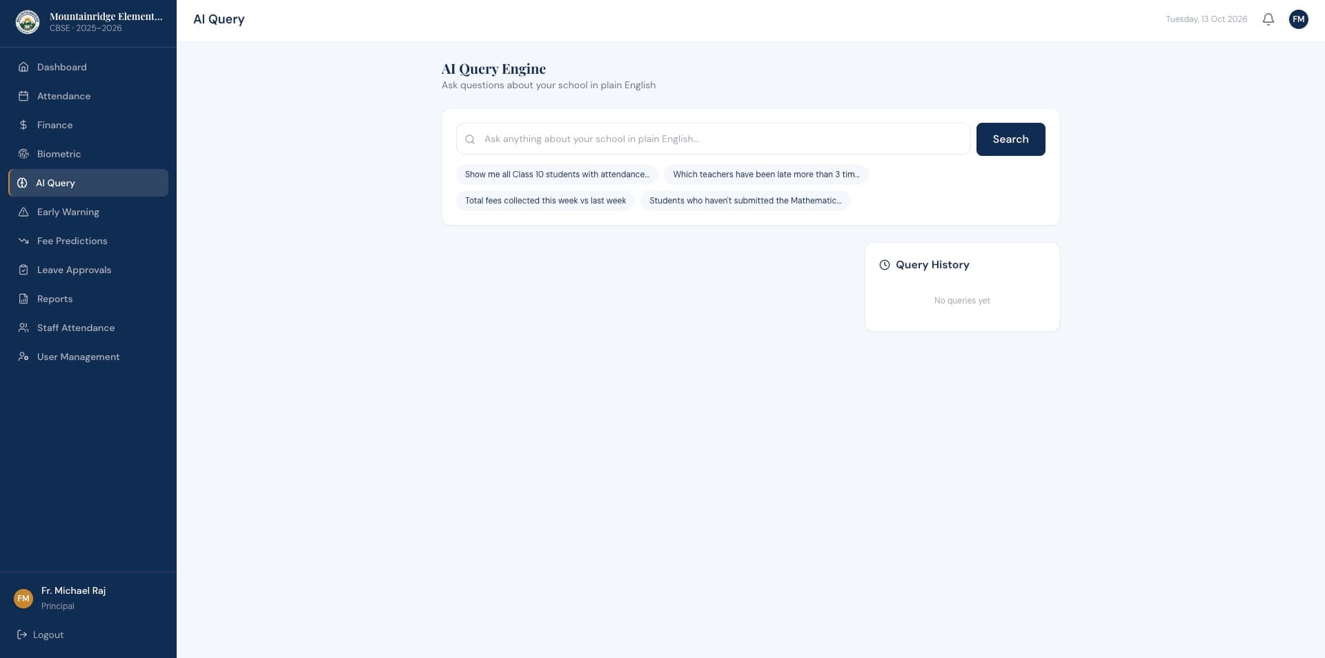 AI Query Engine screen with a plain-English search box, suggested questions and query history