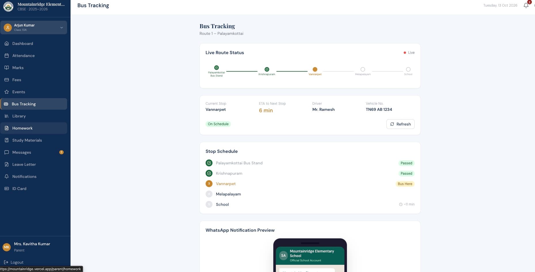 Bus tracking page with live route status, ETA to next stop, stop schedule and WhatsApp notification preview