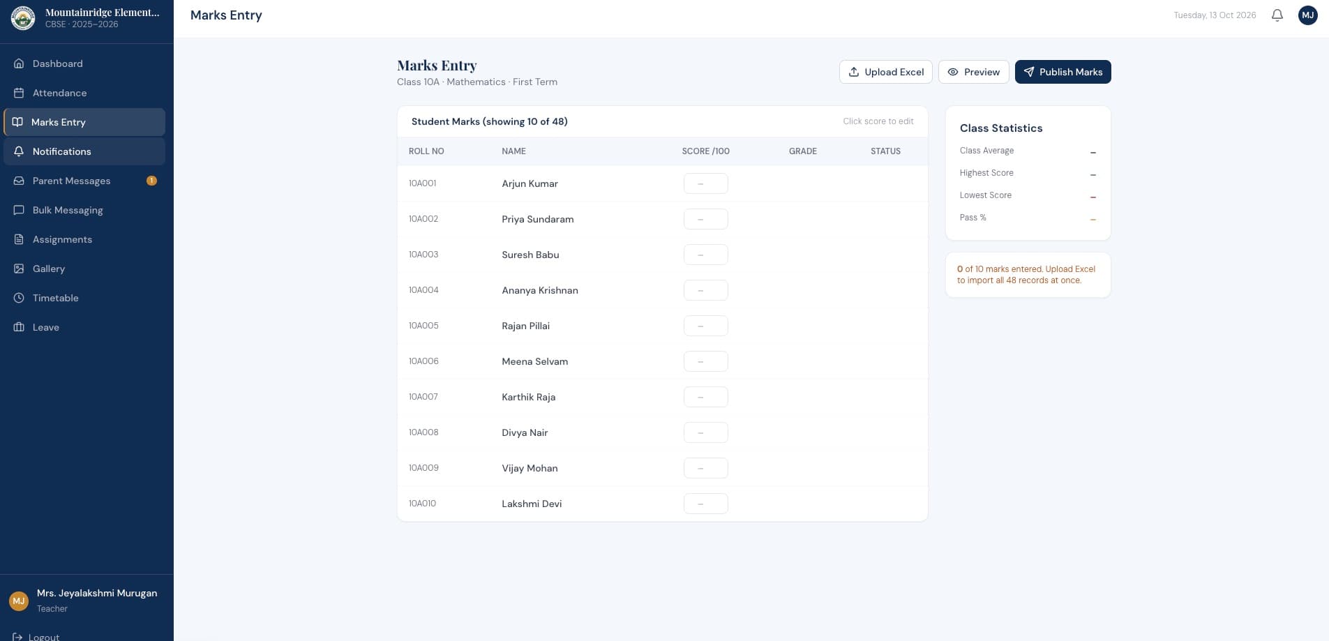 Marks entry table for a class with score inputs, Excel upload, preview and publish buttons
