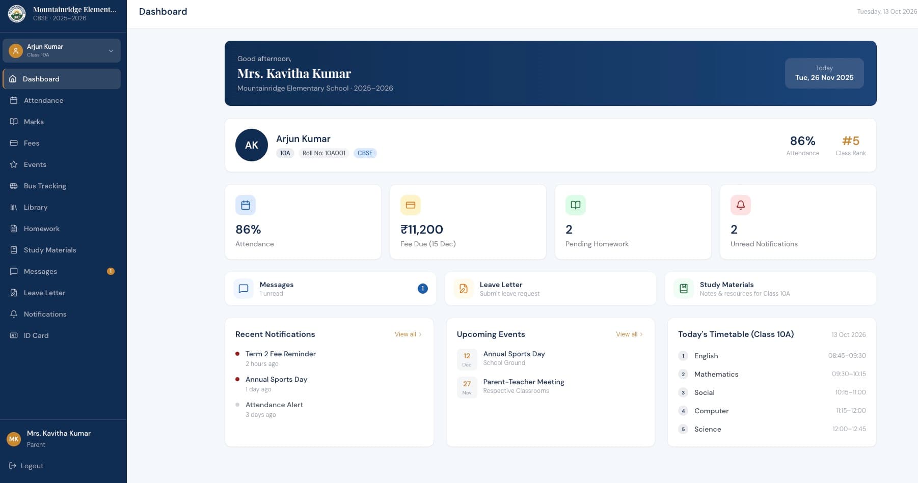 Parent dashboard showing attendance, fee due, pending homework, notifications, events and timetable